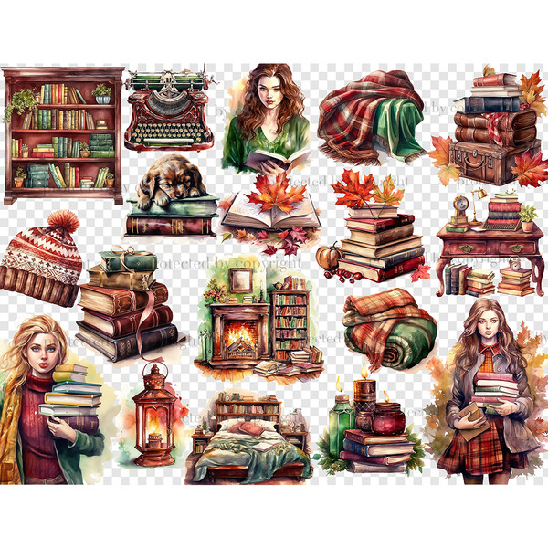 Watercolor portraits of white-skinned bookworm girls in warm autumn sweaters with books. Bookcase with books. Warm cozy blankets. Book table with books and lamp