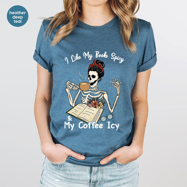 Funny Skeleton Shirt, Coffee Gift, Funny Book Shirt, Coffee Graphic Tees, Librarian Shirt, Book T-Shirt, Skull Vneck Shirt, Gift for Her - 3.jpg