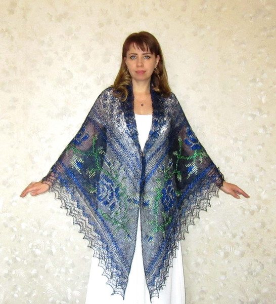 Dark blue embroidered Orenburg Russian shawl, Hand knit cover up, Wool wrap, Handmade stole, Kerchief, Wedding shawl, Warm bridal cape, Big scarf, Gift for mum.