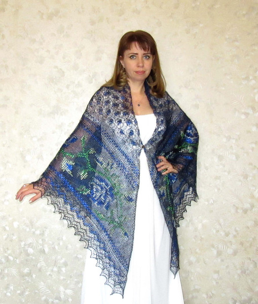 Dark blue embroidered Orenburg Russian shawl, Hand knit cover up, Wool wrap, Handmade stole, Kerchief, Wedding shawl, Warm bridal cape, Big scarf, Gift for frie