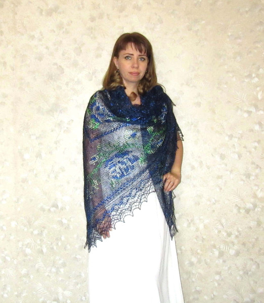 Dark blue embroidered Orenburg Russian shawl, Hand knit cover up, Wool wrap, Handmade stole, Kerchief, Wedding shawl, Warm bridal cape, Big scarf, Gift for a wo