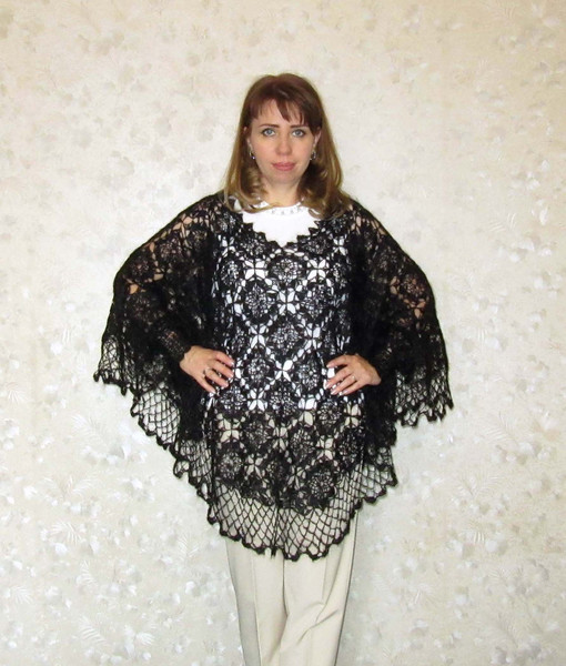 black woolen women's poncho, large size openwork knitted blouse, crocheted sweater, gift for wife, gift for a woman.JPG