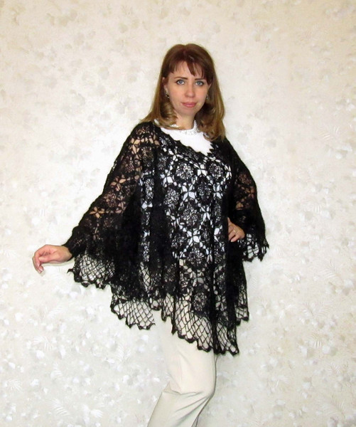 black wool women's sizeless poncho, large size openwork knitted blouse, crocheted sweater, gift for wife, gift for a woman.JPG