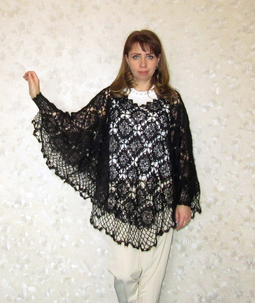 black wool women's poncho with cuffs, large size openwork knitted blouse, lace crochet sweater, gift for wife, gift for friend.JPG