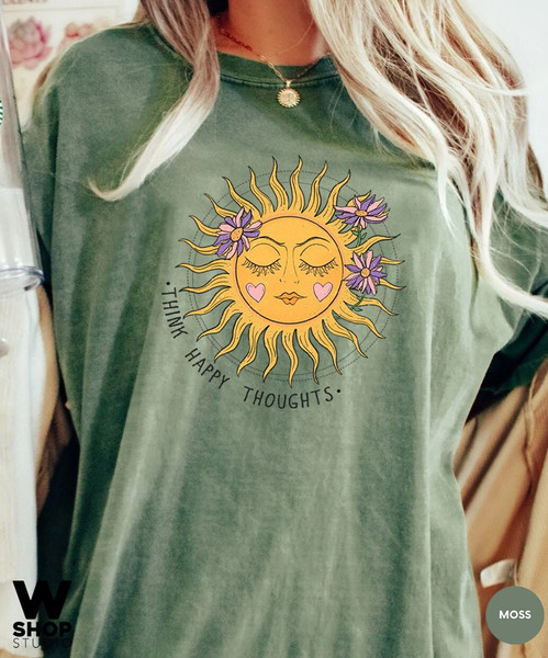 Think Happy Thoughts, Sunflower Tee, Wildflower Tshirt, Oversized Boho Shirt, Floral Tshirt, Gift for Women, Ladies Shirts, Best Friend - 1.jpg