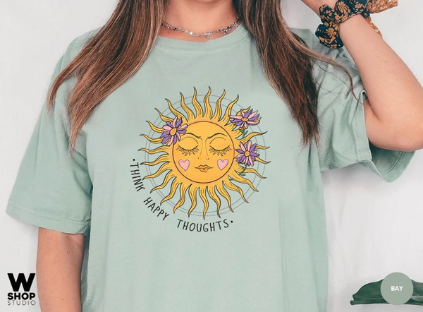 Think Happy Thoughts, Sunflower Tee, Wildflower Tshirt, Oversized Boho Shirt, Floral Tshirt, Gift for Women, Ladies Shirts, Best Friend - 4.jpg