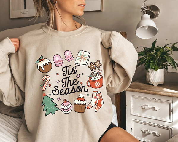 Tis The Season Retro Christmas Sweatshirt and Hoodie, Womens Christmas Sweatshirt, Cute Christmas Crewneck, Trendy Christmas Sweatshirts - 1.jpg