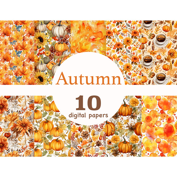 Bundle of bright watercolor autumn seamless papers with pumpkins and leaves, orange seamless patterns, autumn leaves tile pattern, orange autumn flowers digital