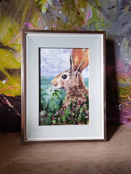 1 Small oil painting in a frame under glass - Bunny  5.9 - 3.9 in..jpg