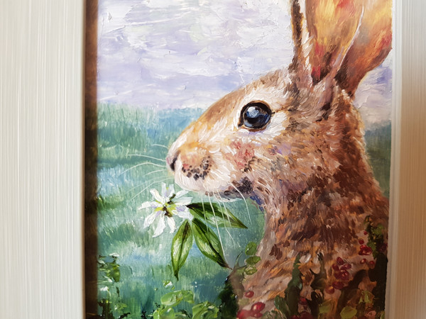 2 Small oil painting in a frame under glass - Bunny  5.9 - 3.9 in..jpg