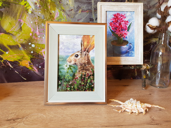 6 Small oil painting in a frame under glass - Bunny  5.9 - 3.9 in..jpg