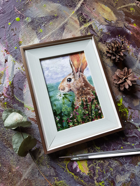 7 Small oil painting in a frame under glass - Bunny  5.9 - 3.9 in..jpg