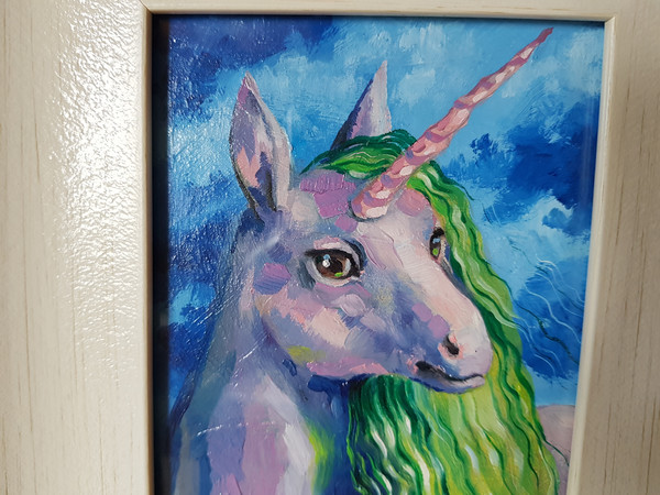 1 Small oil painting in a frame under glass - Unicorn  5.9 - 3.9 in..jpg