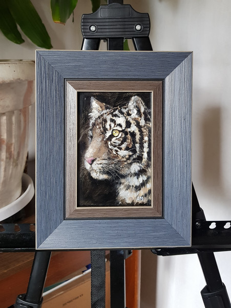 1 Small oil painting in a frame under glass - Tiger  5.9 - 3.9 in..jpg