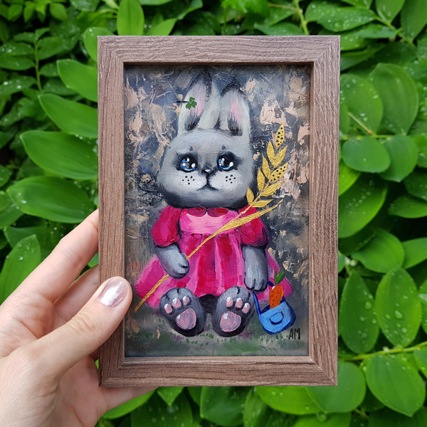 01 Small oil painting in a frame under glass - little bunny 5.9 - 3.9 in (10-15cm)..jpg