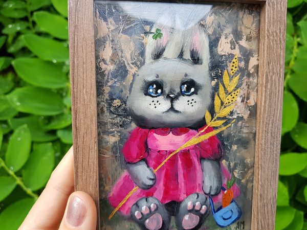 2 Small oil painting in a frame under glass - little bunny 5.9 - 3.9 in (10-15cm)..jpg