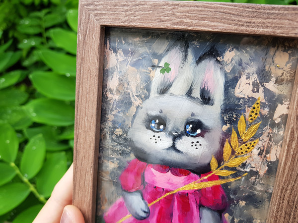 3 Small oil painting in a frame under glass - little bunny 5.9 - 3.9 in (10-15cm)..jpg