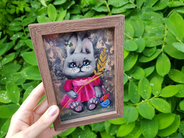 6 Small oil painting in a frame under glass - little bunny 5.9 - 3.9 in (10-15cm)..jpg