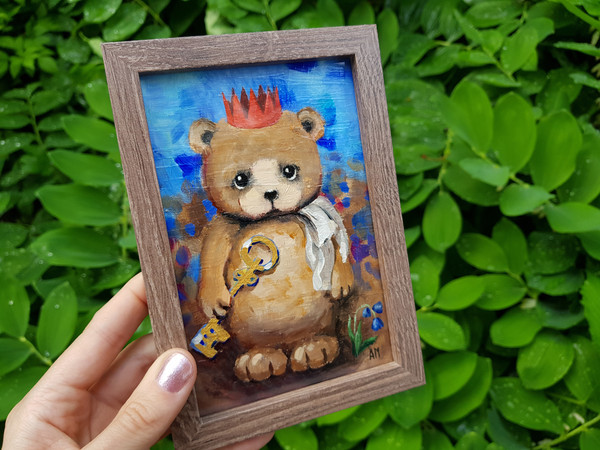 6 Small oil painting in a frame under glass -A little bear 5.9 - 3.9 in (10-15cm)..jpg
