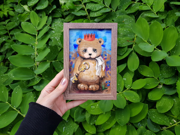 1 Small oil painting in a frame under glass -A little bear 5.9 - 3.9 in (10-15cm)..jpg