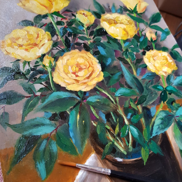 10 Oil painting in a frame - Yellow roses  8.2 - 11.6 in..jpg