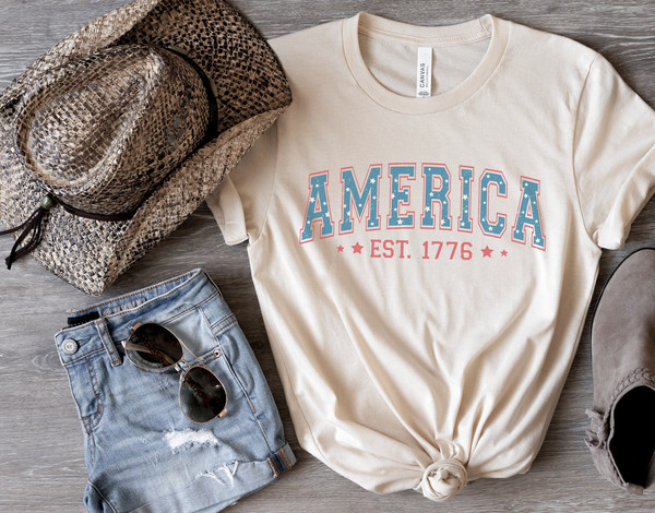 America Est 1776 Vintage Vibe Graphic Tee, Patriotic Fourth Of July Shirt, Independence Day Short Sleeve - 1.jpg