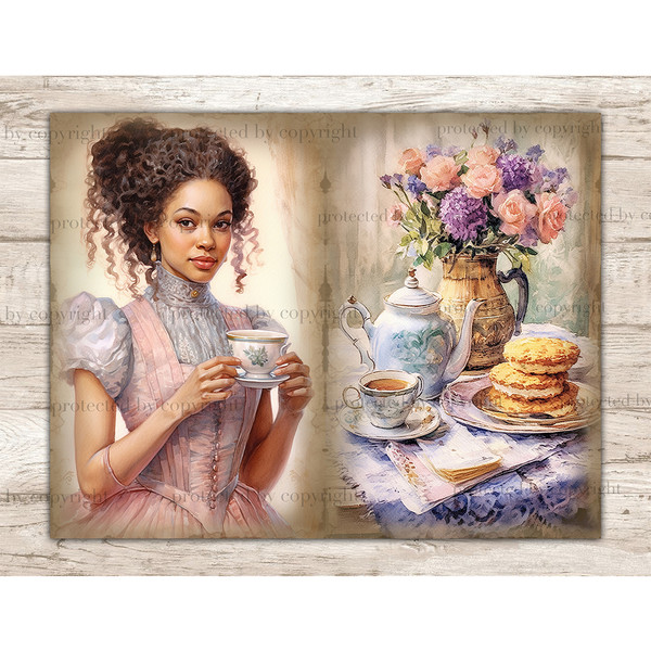 Watercolor pages Junk Journal tea party. A black girl with brown hair in a gray-pink Victorian dress holds a cup of tea with a flower print and a saucer in her