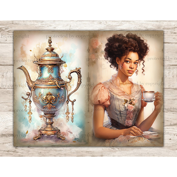 Watercolor pages Junk Journal tea party. A black girl with brown hair in a gray-orange Victorian dress holds a cup of tea and a saucer in her hand. Vintage blue