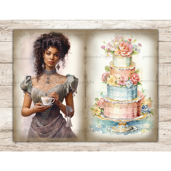 Watercolor pages Junk Journal tea party. A black brunette girl in a gray-orange Victorian dress holds a cup of tea and a saucer in her hands. An airy layered ca