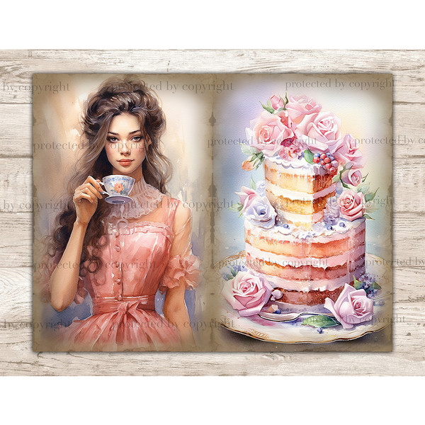 Watercolor vintage pages Junk Journal tea party. A white-skinned brunette girl in a pink Victorian dress holds a cup of tea decorated with a blue pattern with a