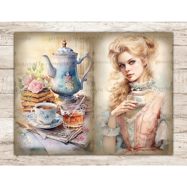 Watercolor vintage pages Junk Journal tea party. A white-skinned blonde girl in a white and pink Victorian dress holds a cup of tea decorated with a red ornamen