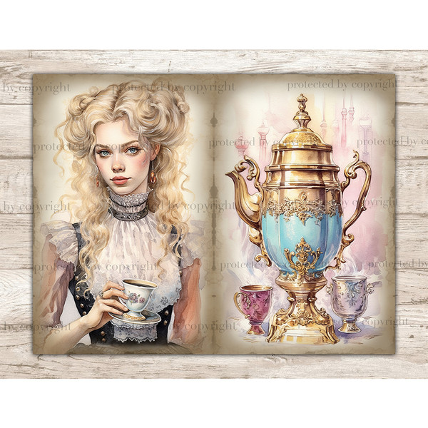 Watercolor vintage pages Junk Journal tea party. A white-skinned blonde girl in a black dress with a white lace collar and holds a cup of tea with a flower prin