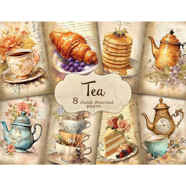 Watercolor vintage page Junk Journal tea. Delicate Drinkware cups and teapots. Fresh croissant with a bunch of grapes. A stack of pancakes with honey running do