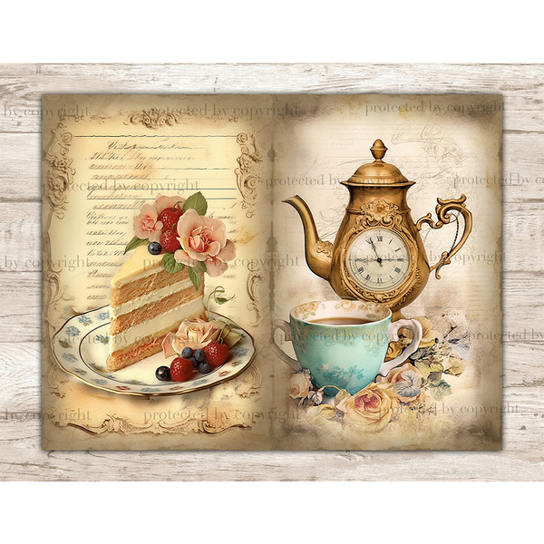 On the left, a piece of cake with cream and layers on a porcelain saucer with berries and flowers against the background of vintage old paper with handwriting.
