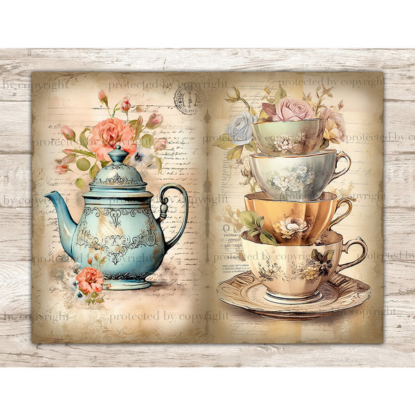 On the left, an old vintage blue teapot with red flowers on a background of old paper with handwriting. On the right, a stack of vintage porcelain cups stacked