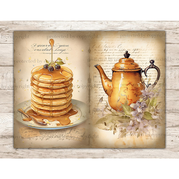 To the left, a stack of pancakes with blueberries on a china saucer. Syrup drips down the pancakes. On the right, an old vintage orange teapot with purple flowe