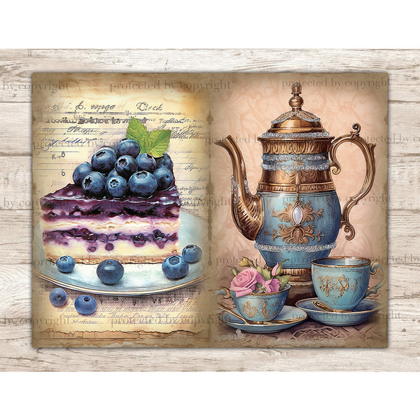 On the left is a blueberry cheesecake with blueberries on it and on a saucer and with flowers. On the right, there was a teapot with cups of tea and a pink rose