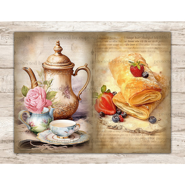 On the left is a gold vintage teapot with patterns and a blue cup of tea and a blue teapot with a rose in it. On the right, appetizing strudels with strawberrie