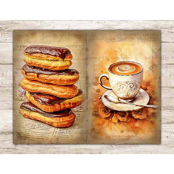 On the left, a stack of eclairs with chocolate icing on the background against the background of old paper with text. On the right, a vintage cup of coffee on a