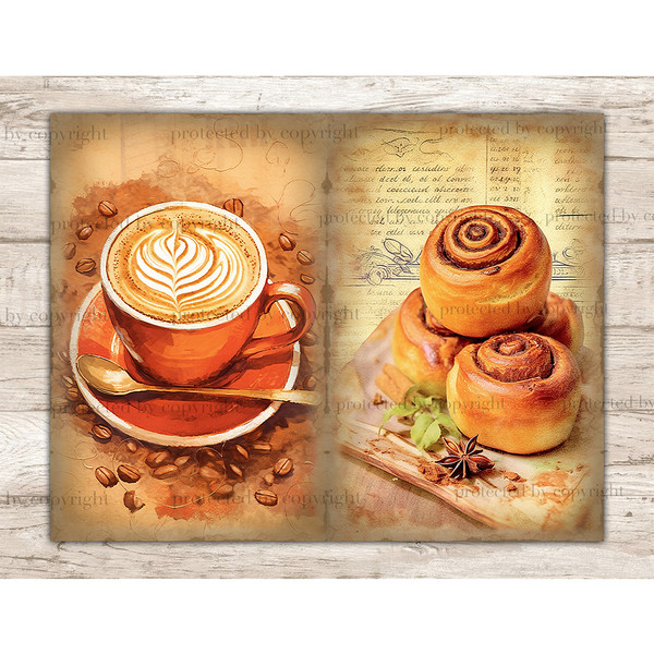 On the left, an orange cup of coffee with cappuccino with latte art on an orange saucer with a spoon against the background of coffee beans and old paper. On th