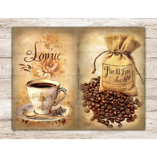 On the left, a vintage cup of coffee on a saucer with a spoon against the background of old paper with a rose print. To the right, a canvas bag filled with coff