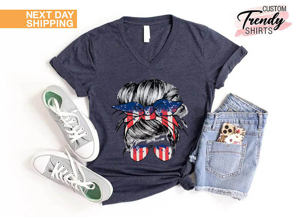 American Girl Shirt, Patriotic Gift for Women, 4th of July Shirt, Messy Bun American Flag Shirt, Fourth of July Clothing, USA Shirt Gift - 6.jpg