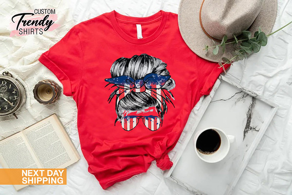 American Girl Shirt, Patriotic Gift for Women, 4th of July Shirt, Messy Bun American Flag Shirt, Fourth of July Clothing, USA Shirt Gift - 9.jpg