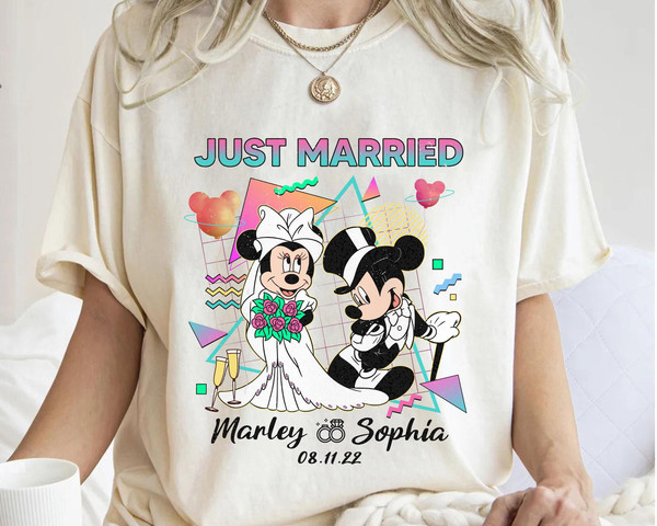 Personalized Retro 80s Just Married Mickey And Minnie Matching Tee  Custom Husband And Wife Shirt  Disney Wedding Anniversary T-shirt - 2.jpg