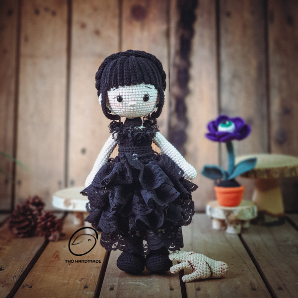 Wednesday Addams & Thing crochet amugurumi, crochet wednsday doll, gothic doll, handmade doll, amigurumi horror, amigurumi wednesday addams. (10).jpg