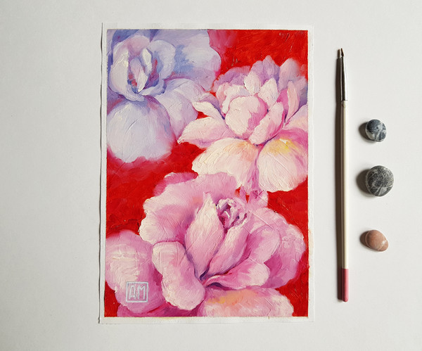 1 Small oil painting - Peonies on a red 5.3 - 7.7 in (13.7 - 19.8 cm)..jpg