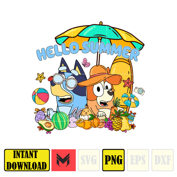 Bluey Bingo Hello Summer PNG, Bluey And Bingo Heeler Family PNG, Beach Summer Vibes Instant Download (5).jpg