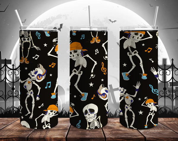 Dancing Halloween Skeletons 20oz Straight Tumbler Wrap Seamless Design PNG.jpg