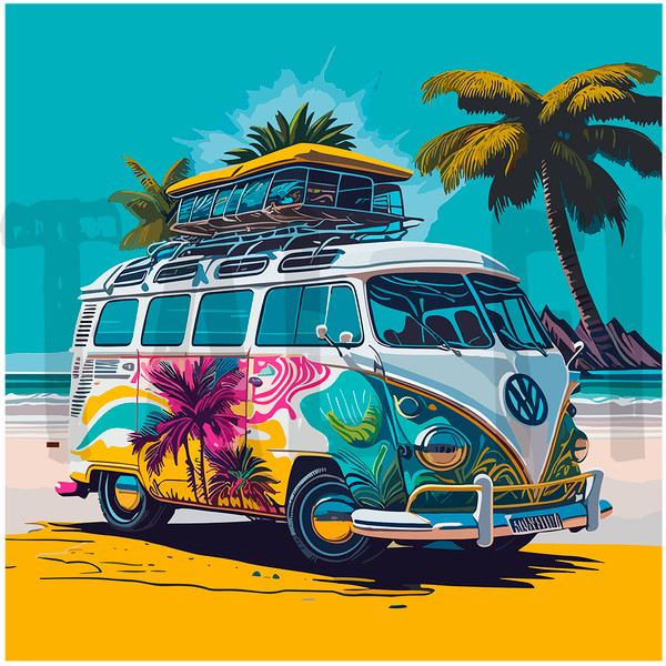 Mini Bus VW ON The Beach Vector Digital file 6 PNG files Sub