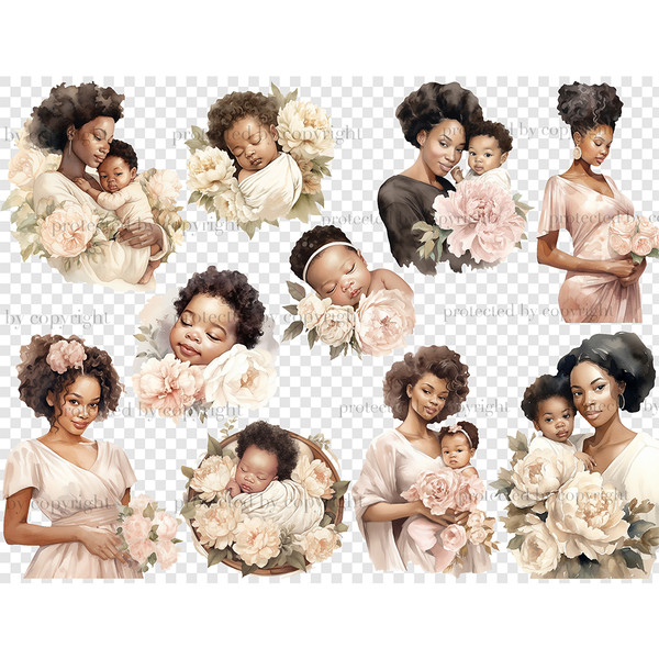 Baby shower clipart. Watercolor black woman with brown hair with a baby in her arms, a brunette woman with a boy in her arms and roses, black babies sleep in fl